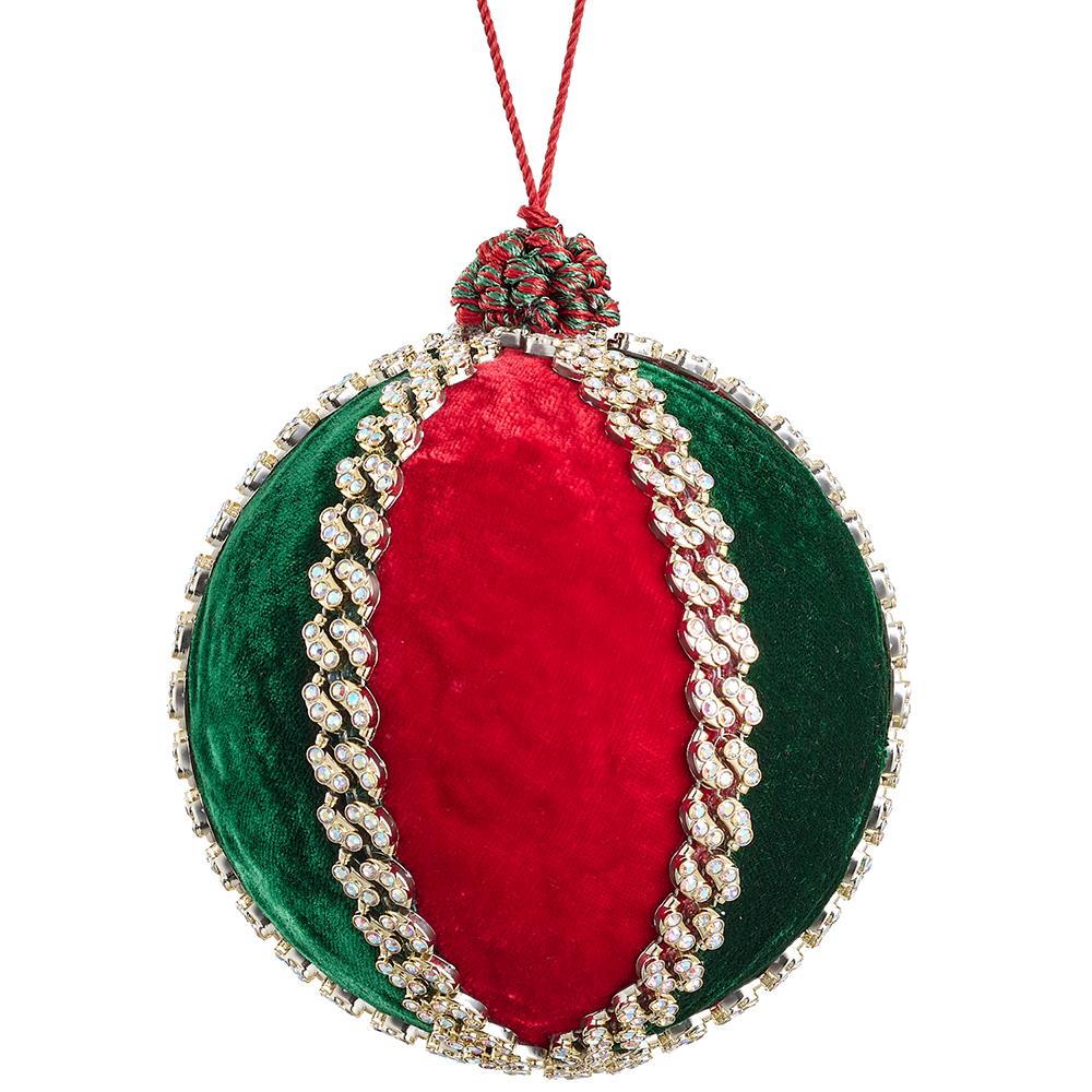 5-inch red and green velvet ball ornament with sparkling diamond-like bead trim and red hanging cord