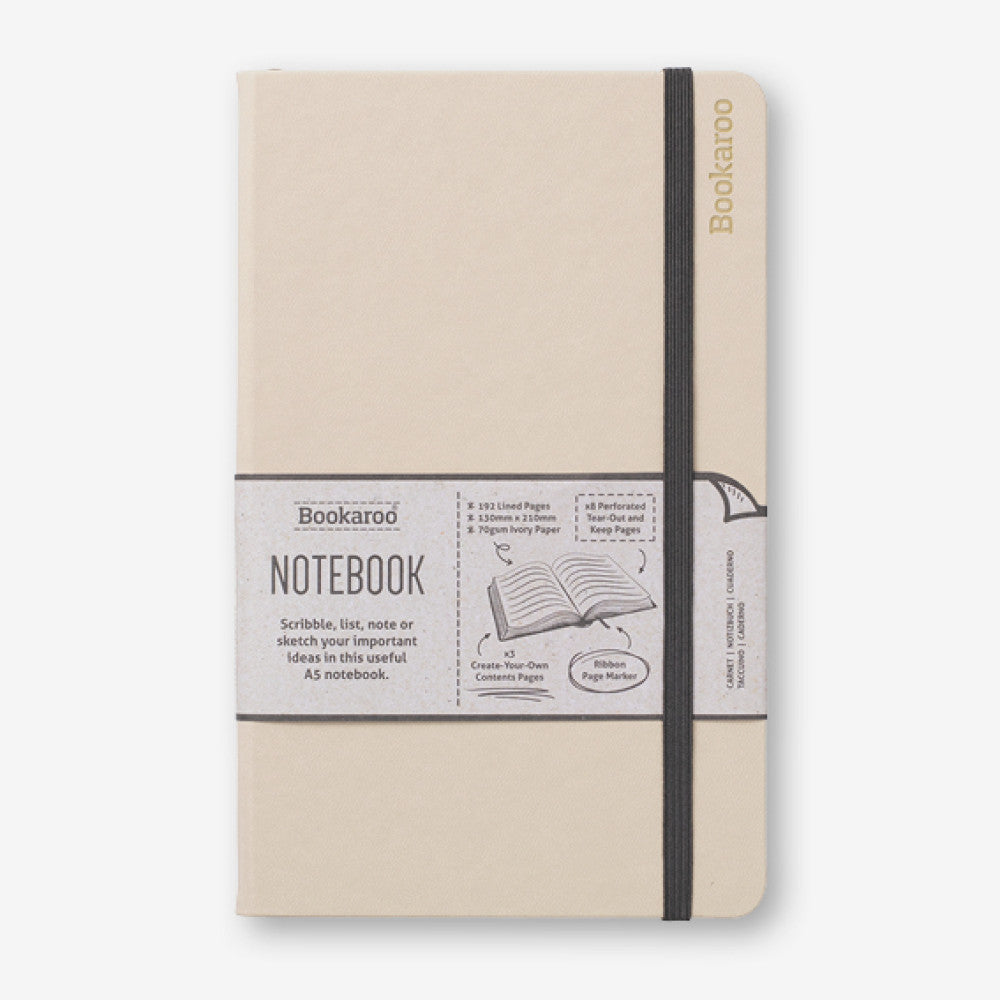 Hardback A5 Bookaroo journal with soft PU cover, lined pages, ribbon bookmark, and elastic strap.