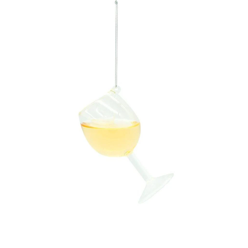 Glass wine glass ornament filled with white wine, hanging from a silver string.