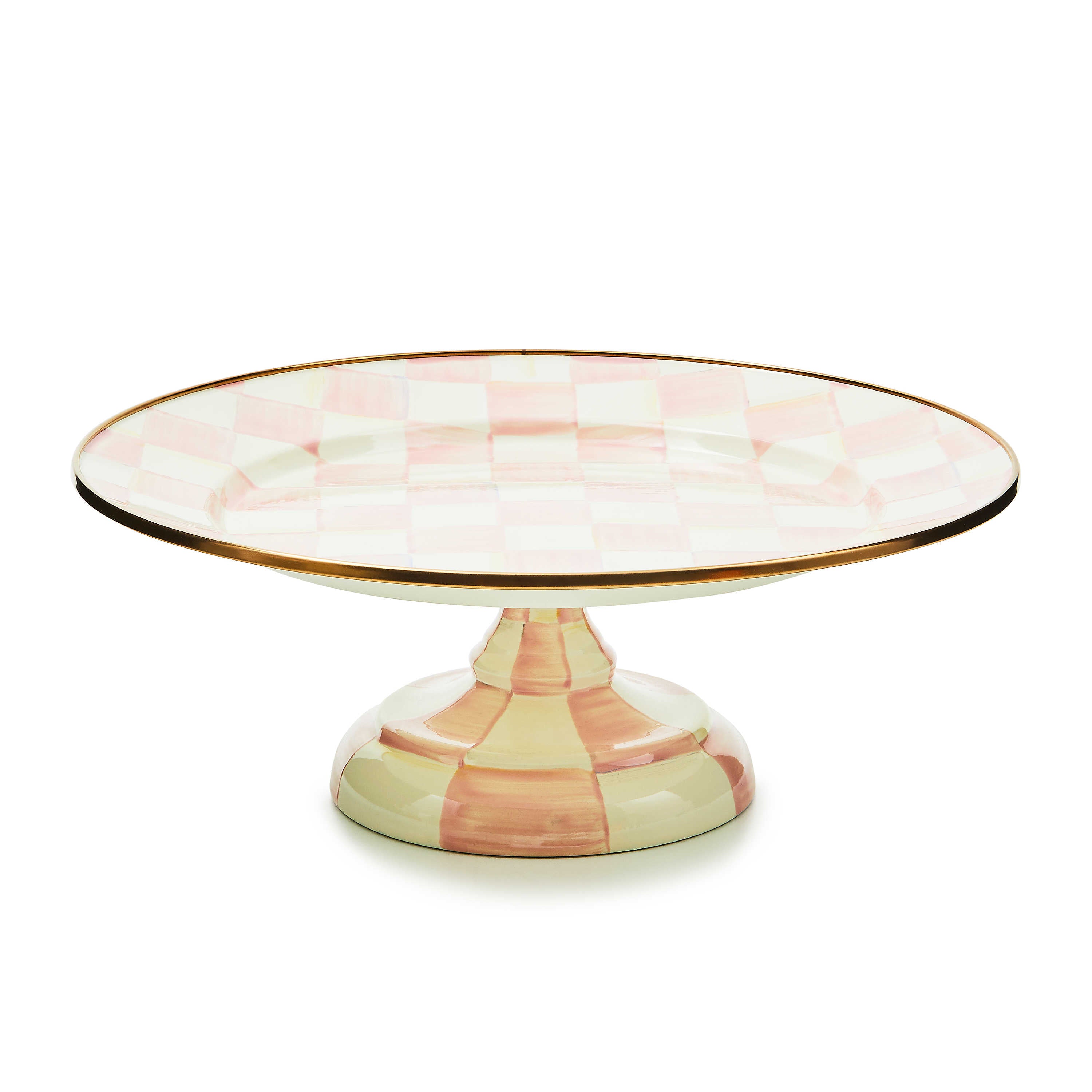 Small pedestal platter with hand-painted pink and white checks and a bronzed stainless steel rim.