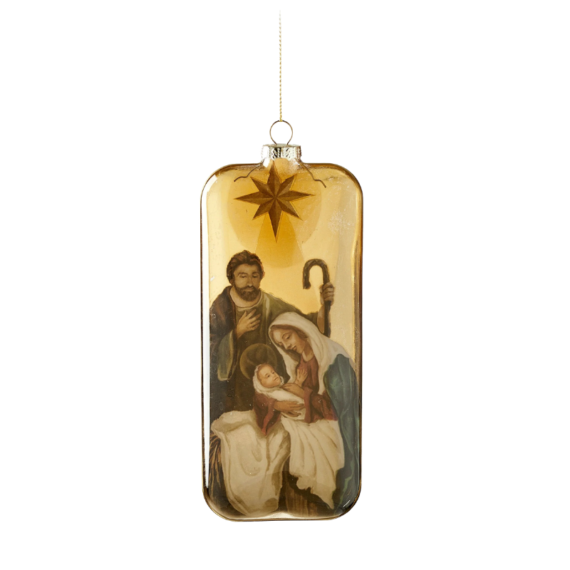 5-inch rectangular glass Christmas ornament featuring a painted nativity scene with a gold star.