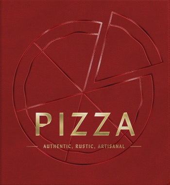 Red square pizza book cover with gold embossed text and a debossed pizza slice graphic.