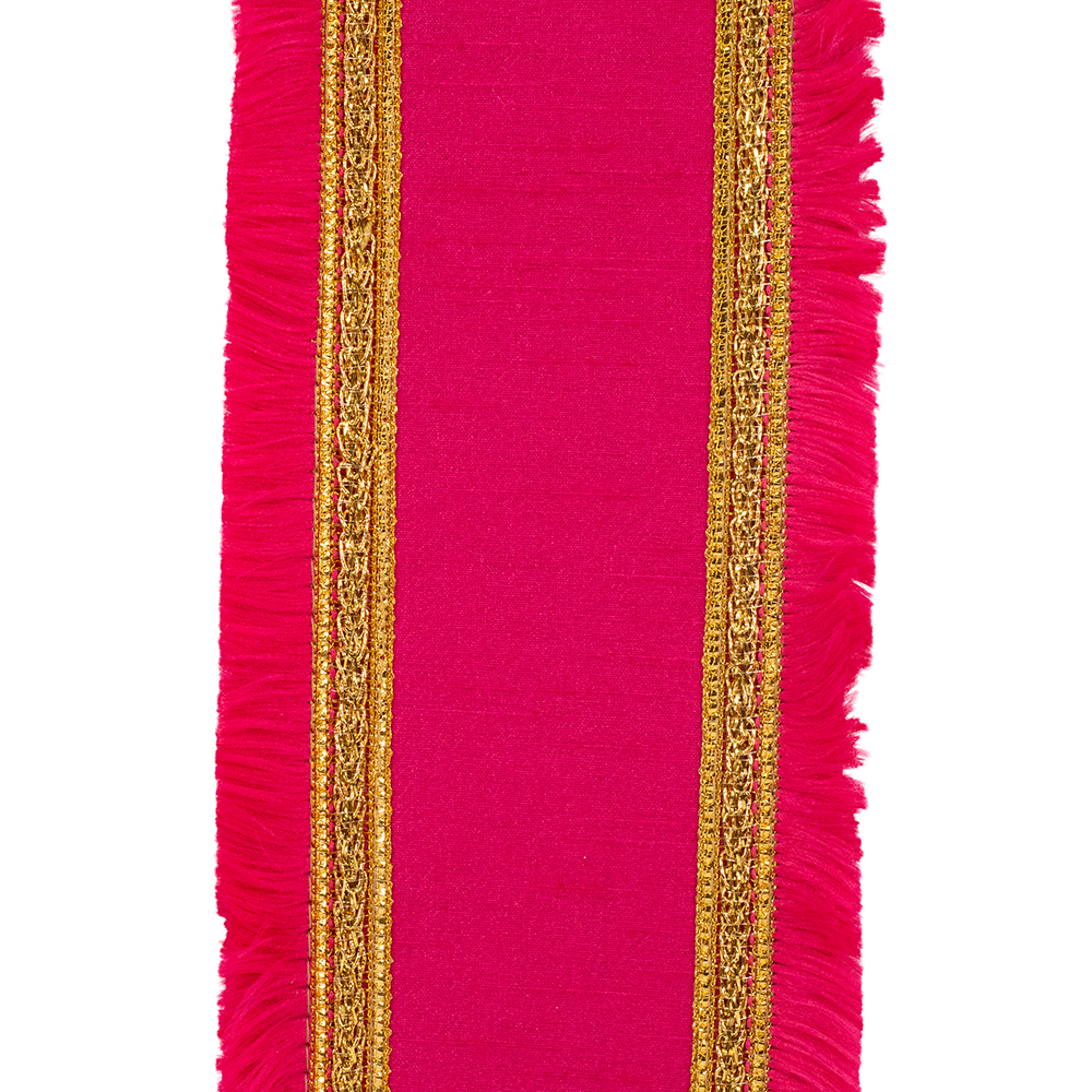 Fuchsia dupioni ribbon with gold gilded fringe trim and wired edges.