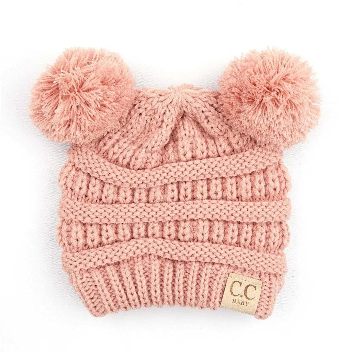 C.C Baby Pom Beanie in cable knit yarn with adjustable cuff and pom detail