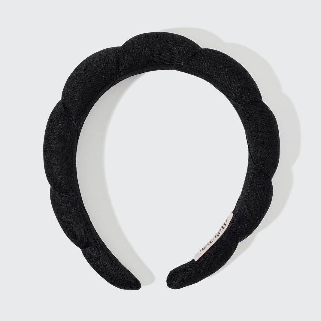 Black recycled fabric puffy headband with a soft, gathered silhouette.