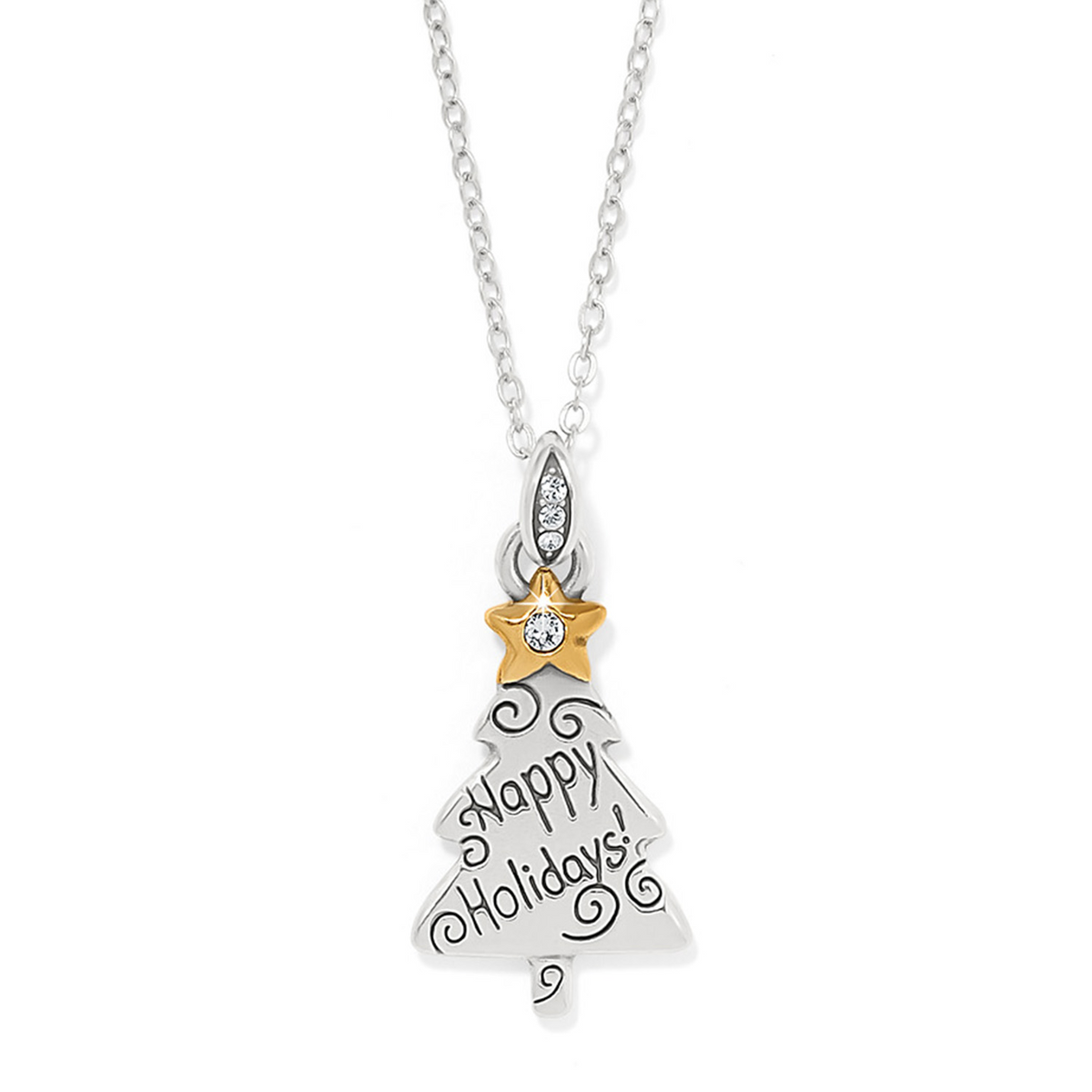 Twinkle Tree Necklace featuring a silver Christmas tree pendant with Happy Holidays and a gold star.