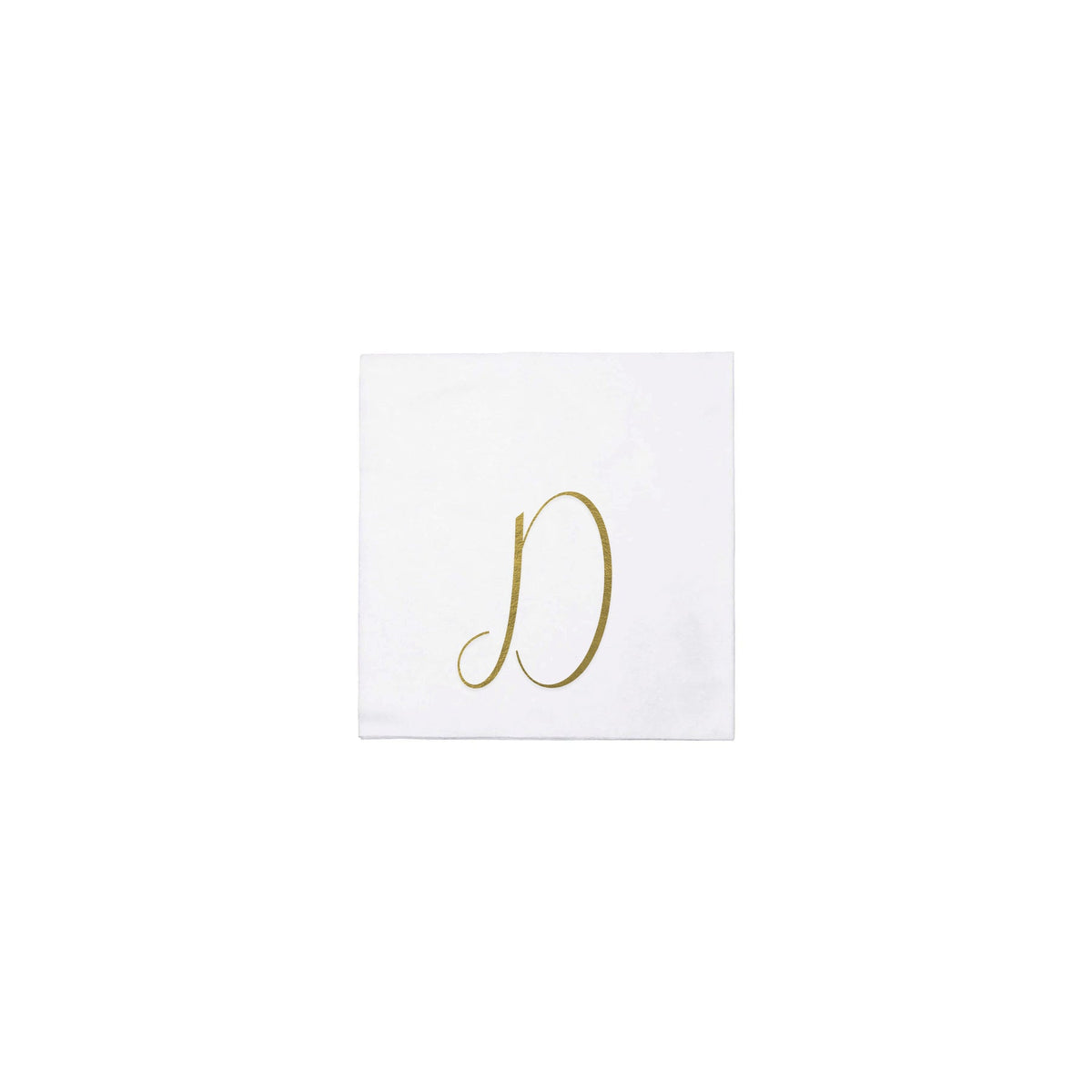 White Papersoft cocktail napkin with a gold script monogram letter D in the center.