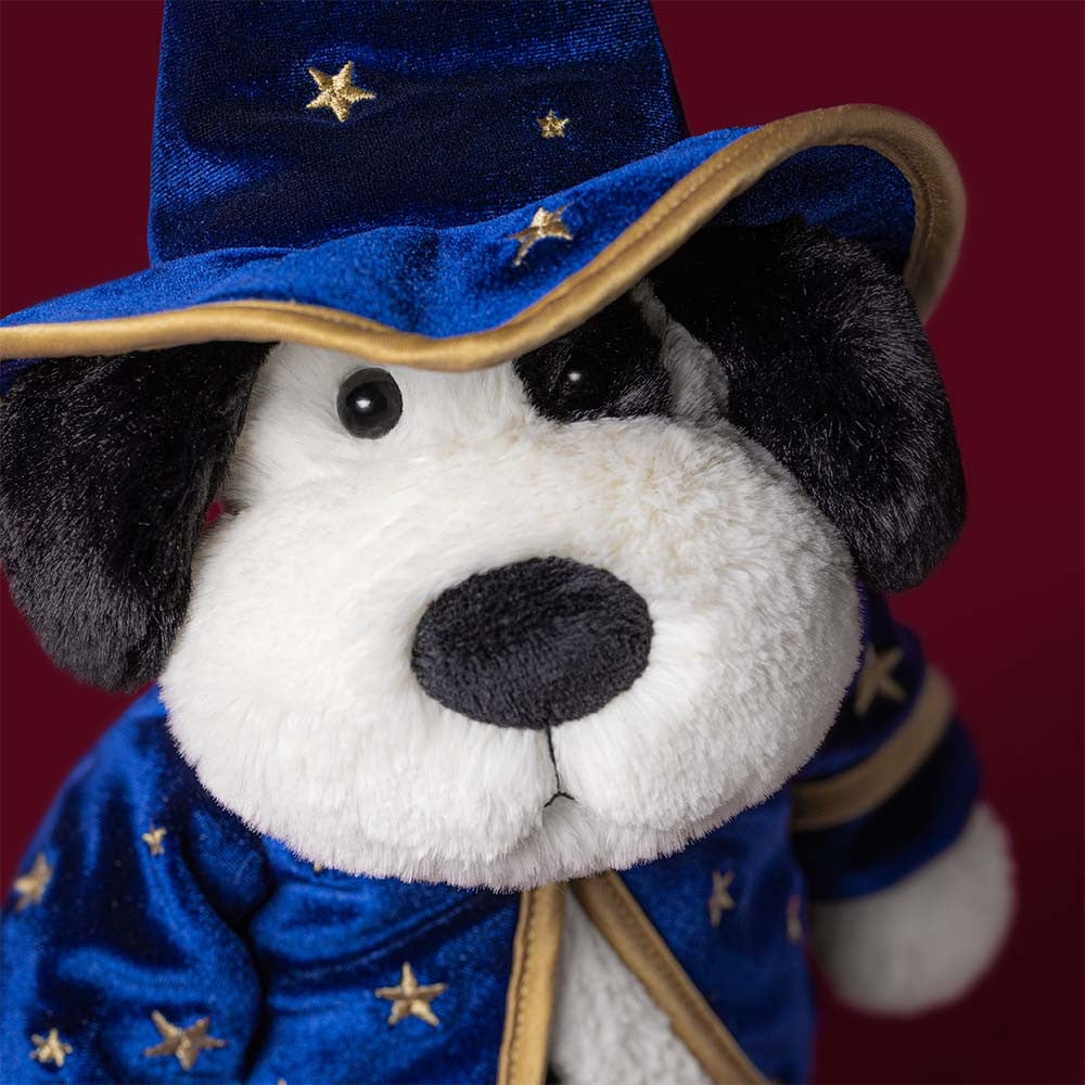 Close-up of a black and white plush puppy wearing a blue velvet wizard hat and robe with gold stars.