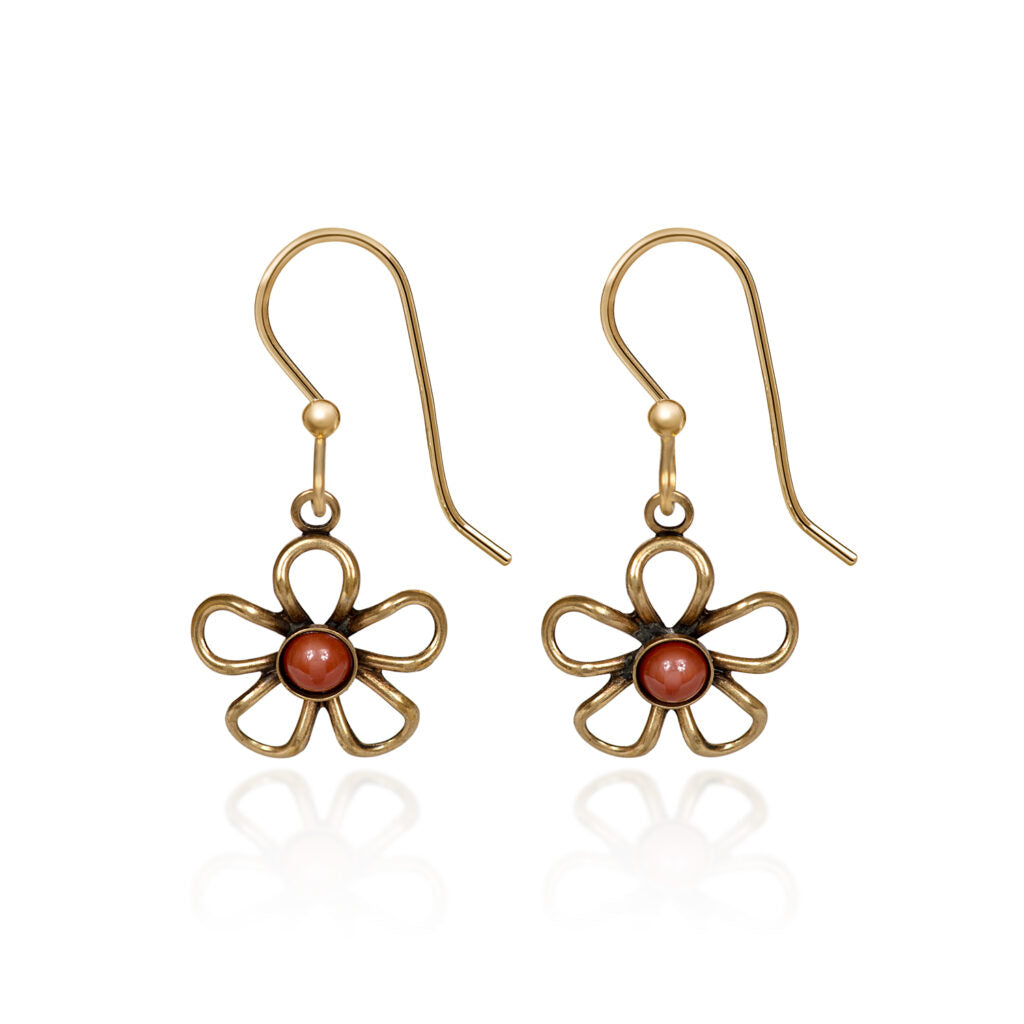 Open wire flower earrings in brass with red cabochon centers on nickel-free earwires.