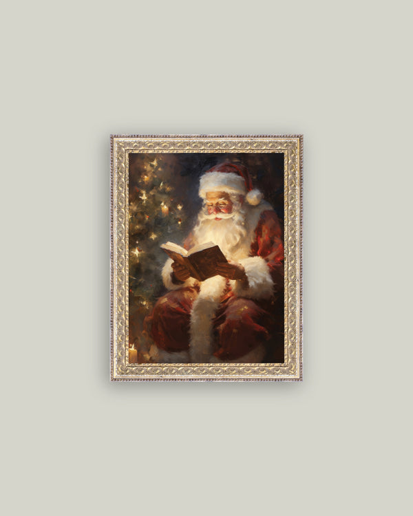 Framed antique art print featuring a classic Santa Claus on textured canvas.