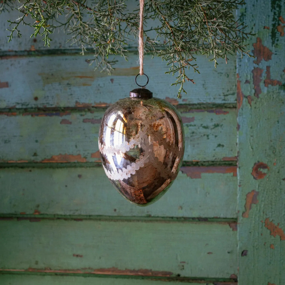 Notre Dame 5-inch egg-shaped glass ornament with a distressed silver finish hanging from a branch.