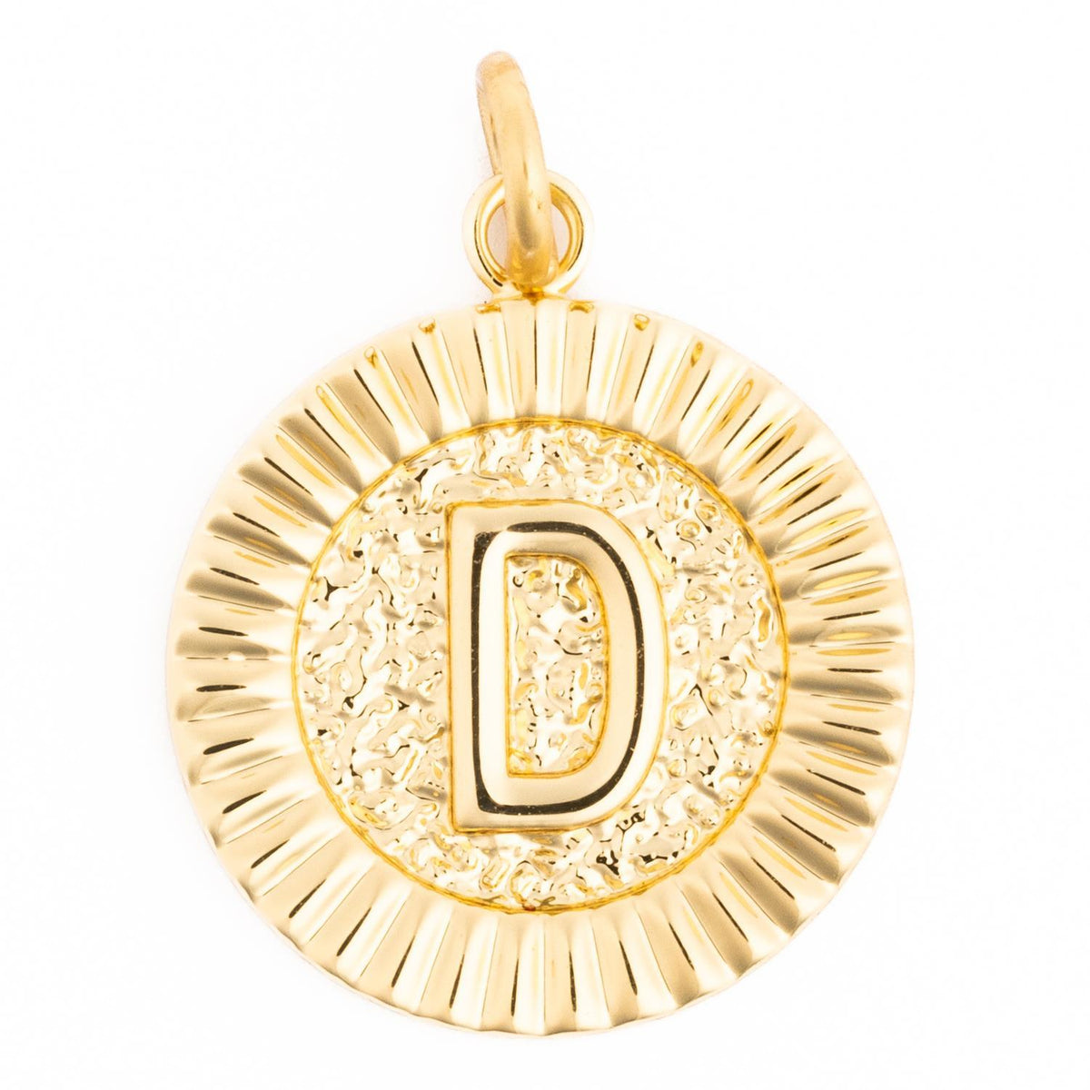 Gold round McKenna charm featuring a raised letter D on a textured center with a sunburst border.