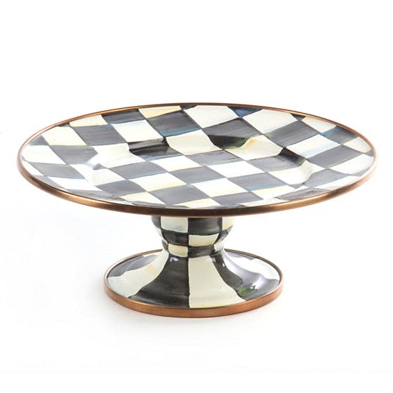 Courtly Check mini pedestal platter with ceramic glaze, bronzed stainless steel rim, and black-and-white checkered pattern.