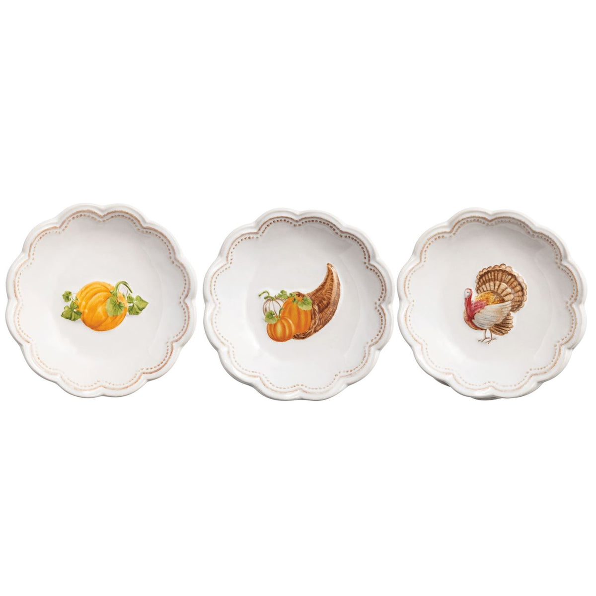 Set of three Gather Dipping Bowls with scalloped rims featuring pumpkin, cornucopia, and turkey.