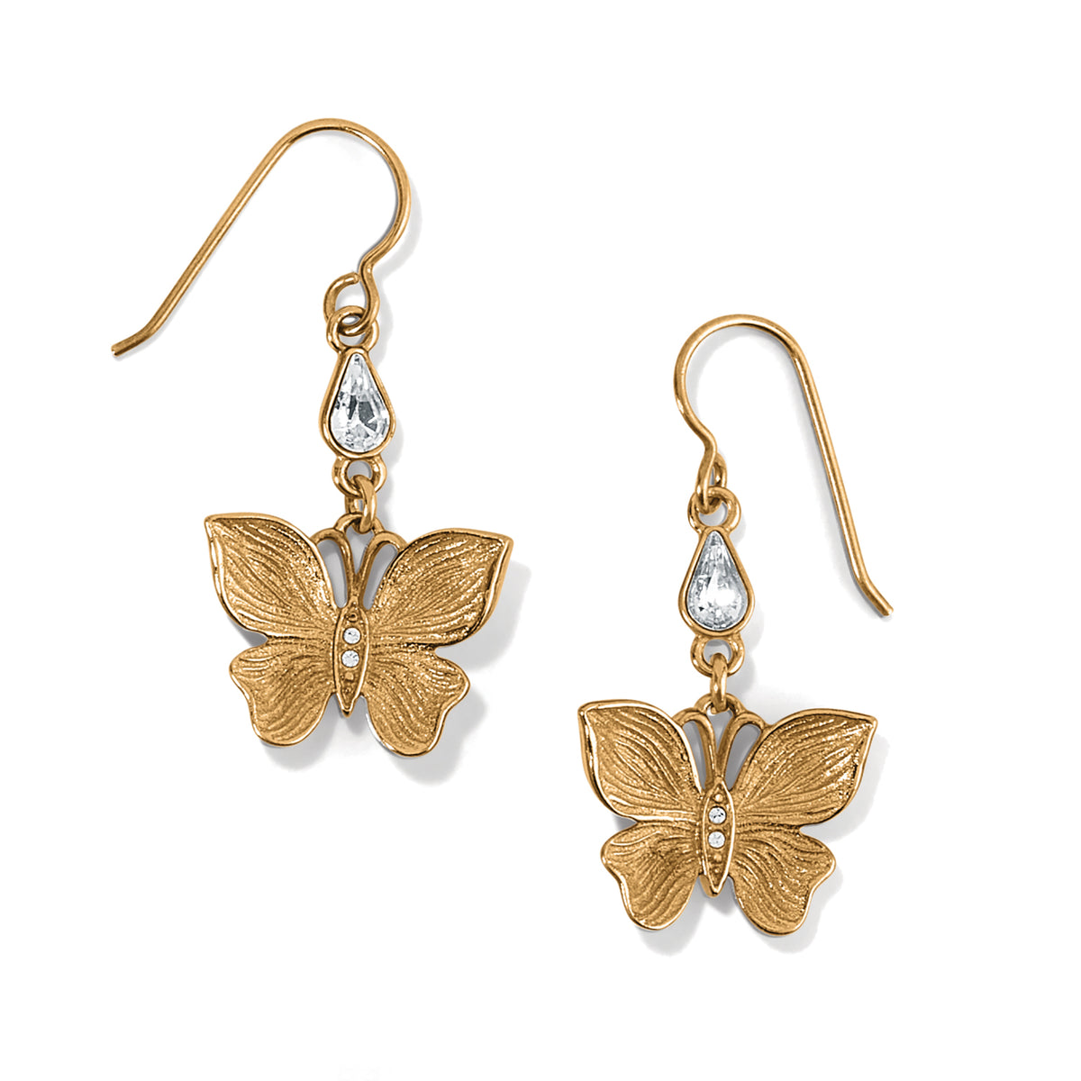 Gold plated French wire earrings featuring a one-inch wide drop with fine quality crystals.