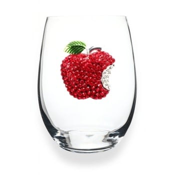 Handcrafted stemless wine glass with jeweled embellishments around the rim in clear crystal