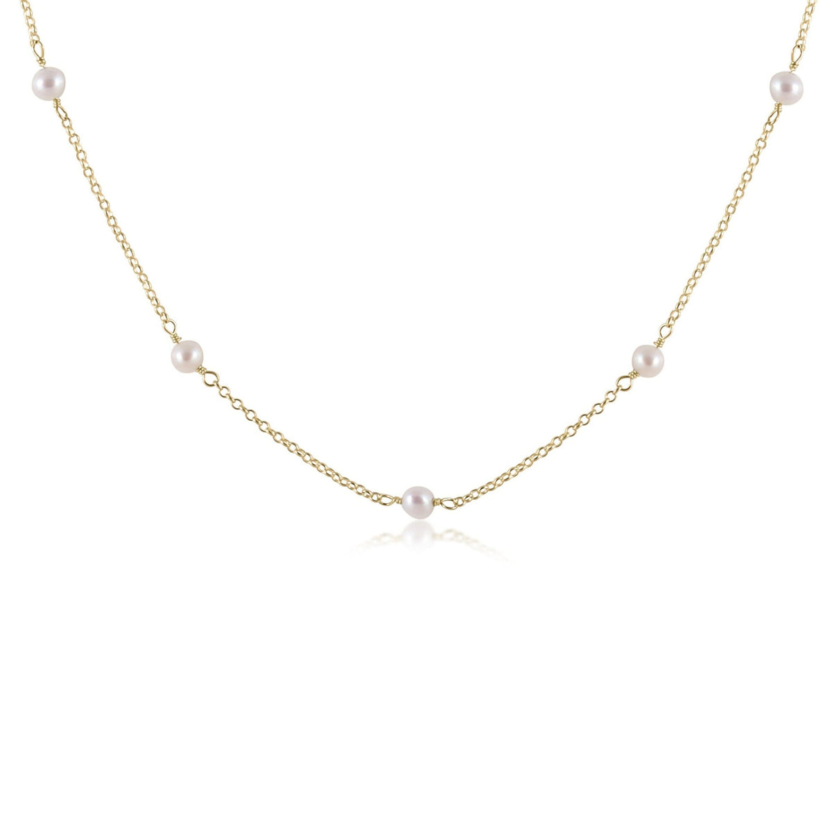 Gold choker necklace with a single 6mm pearl pendant.