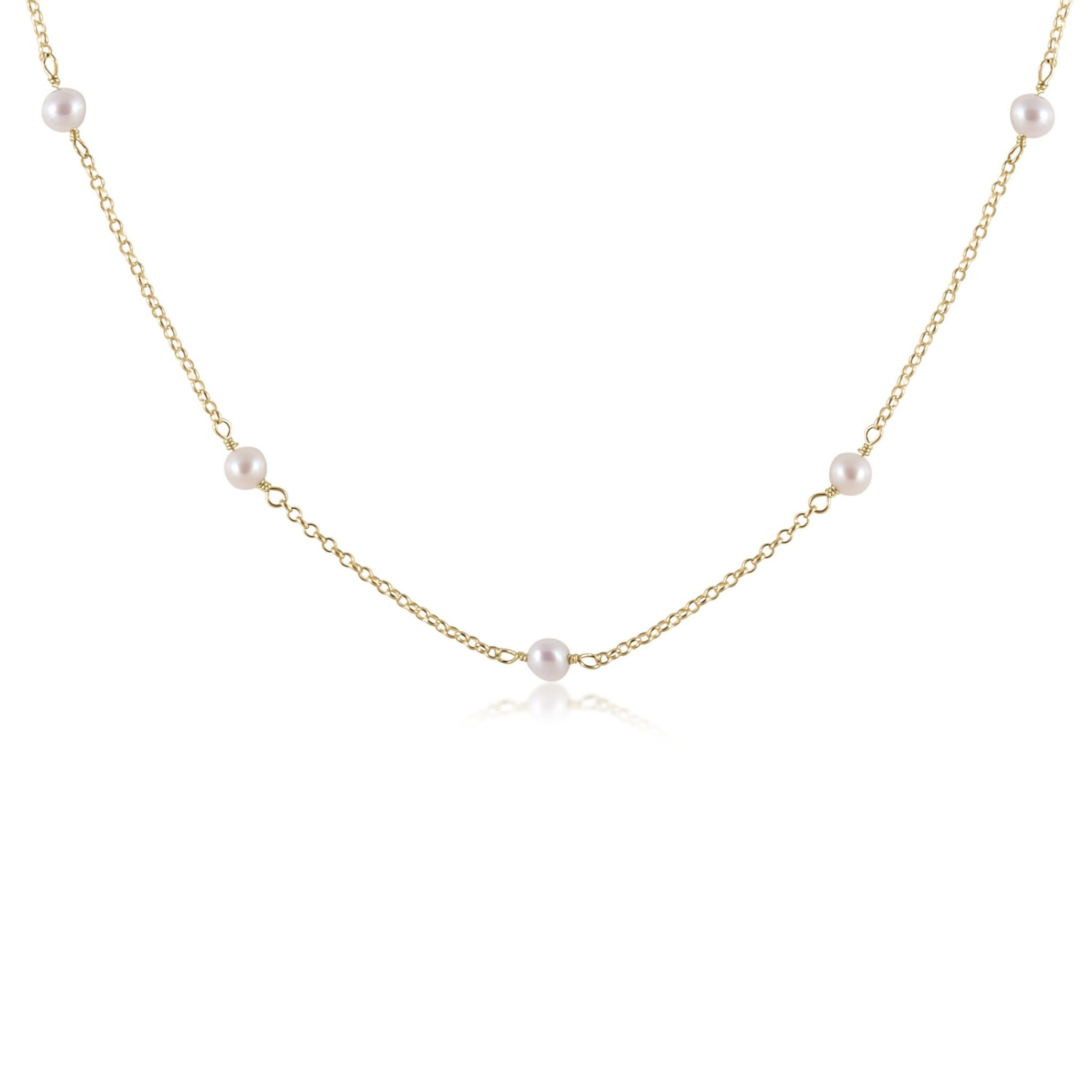 Gold choker necklace with a single 6mm pearl pendant.