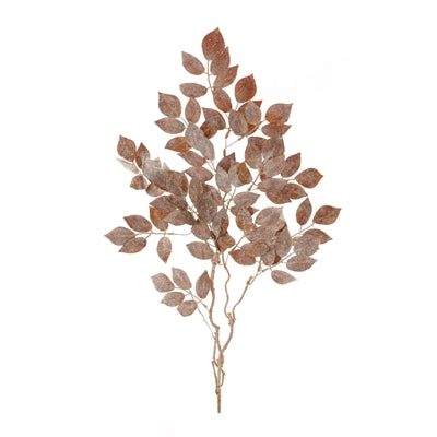 38-inch tall polyester glitter leaf spray with a natural green foliage pattern.