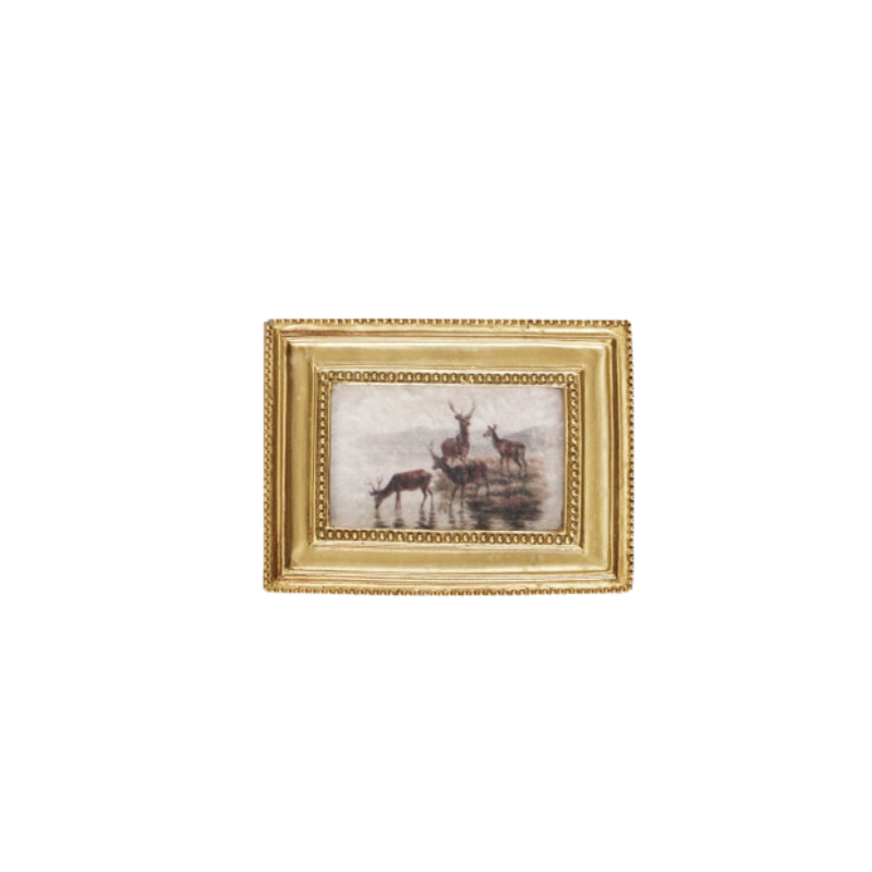 Miniature gold-framed resin magnet featuring a vintage-style painting of deer by a lake.