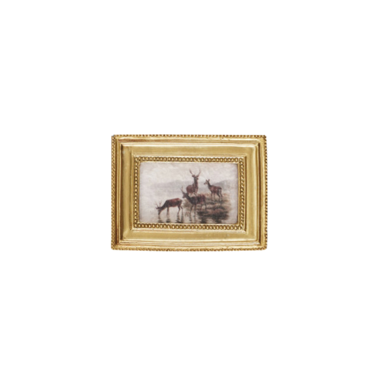 Miniature gold-framed resin magnet featuring a vintage-style painting of deer by a lake.