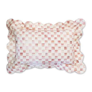 Reversible scalloped lumbar throw pillow in cotton with a check pattern.