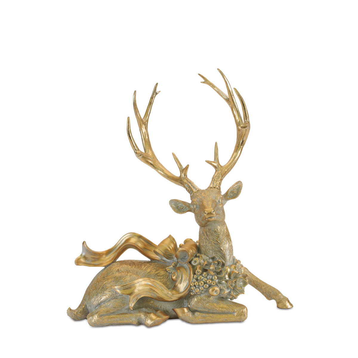 Resting gold resin deer figurine with large antlers and a decorative bow around its neck.