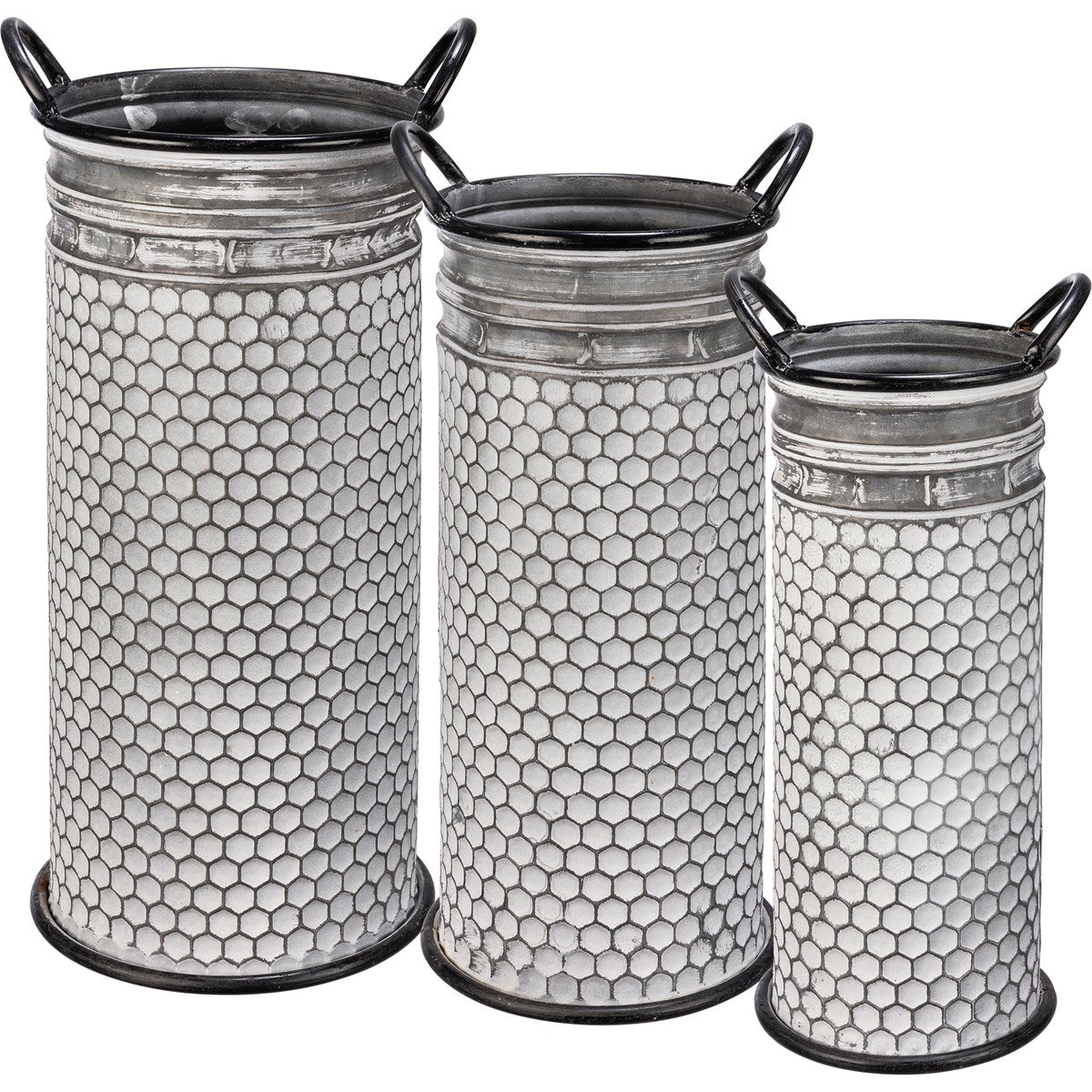Metal bucket with honeycomb geometric cutout pattern