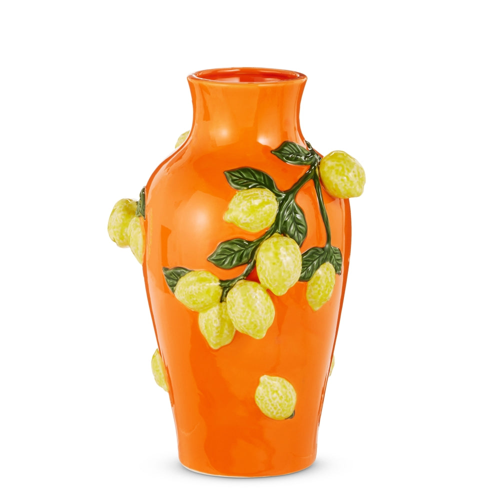 Tall orange ceramic vase with lemon motif