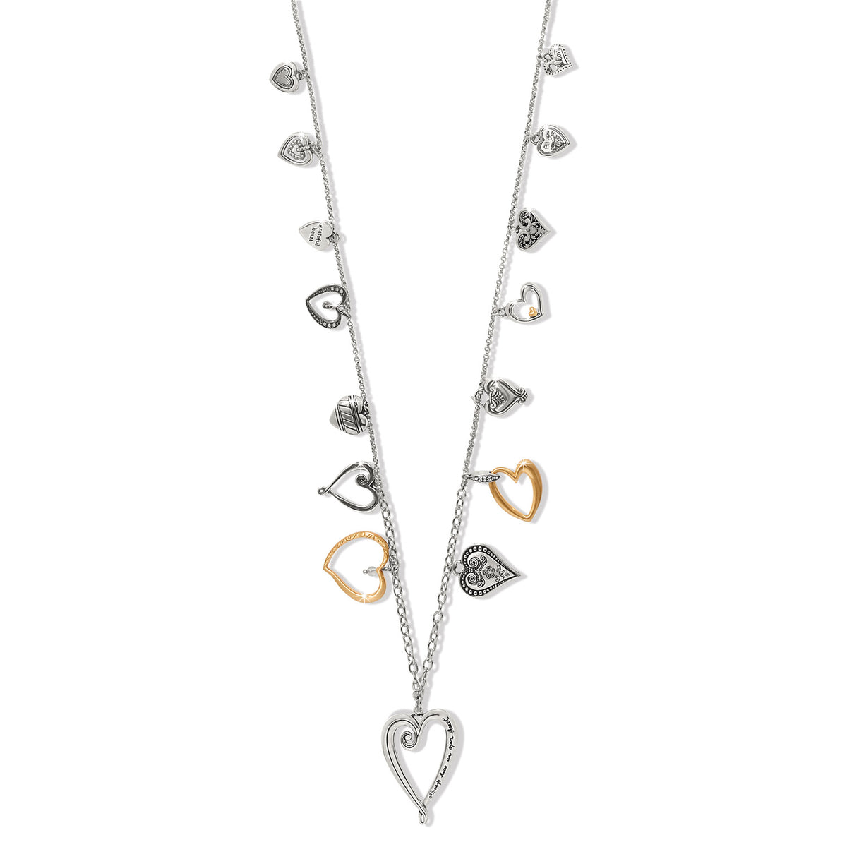 One Heart Large Long Necklace featuring multiple silver and gold heart charms on a long chain.