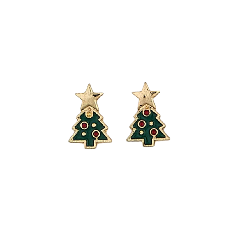 Pair of gold-toned enamel stud earrings shaped like green Christmas trees with stars and ornaments.