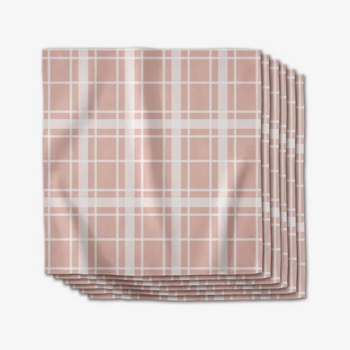 Set of six square Geosuede dinner napkins with a single-sided geometric print on recycled fabric.