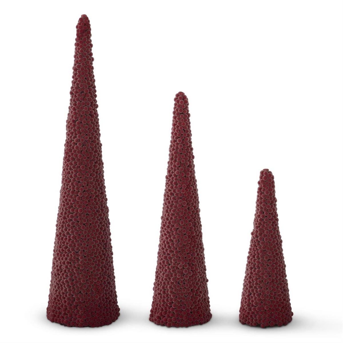 Three icy red berry cone trees in graduated sizes with a frosted finish on a white background.