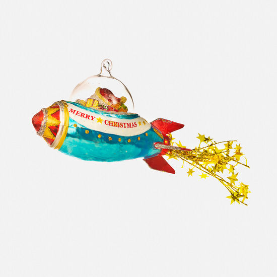 Glass Rocket Santa Christmas ornament with a blue body, red fins, and gold star trail.