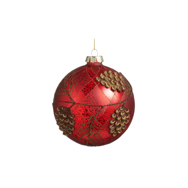 5-inch red mercury glass ball ornament with glittery pinecone and pine needle details.