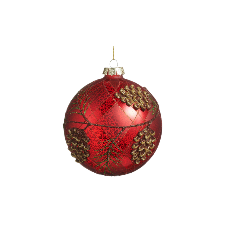 5-inch red mercury glass ball ornament with glittery pinecone and pine needle details.
