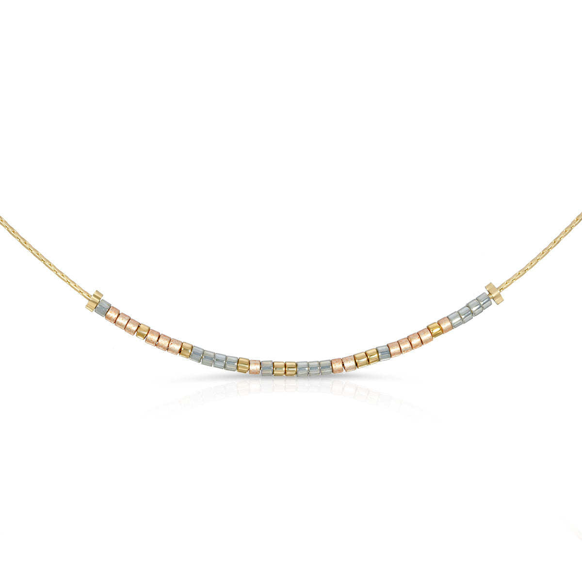 John 3:16 necklace with gray, peach, and gold beads on a thin gold chain.