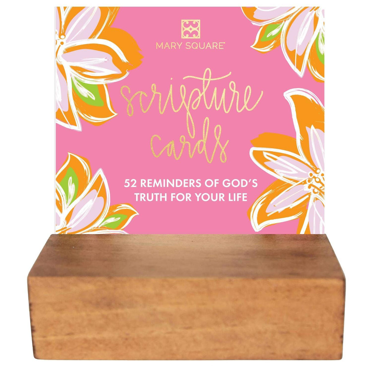 Wooden card block stand holding a stack of two-inch square patterned cards with Scripture verses.