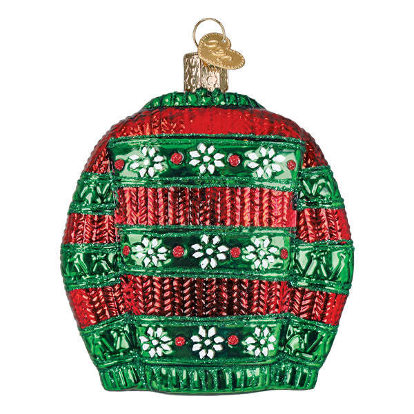 Red knit sweater ornament with bold yellow 'Yippee Ki Yay' text stitched across the chest.