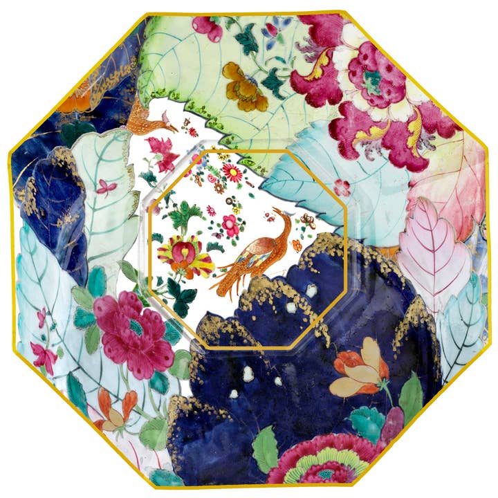 Octagonal decoupage glass plate with hand-painted gold rim