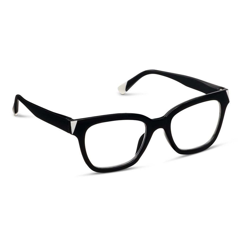 Myth black square-frame glasses with silver accents on the temples and clear lenses.
