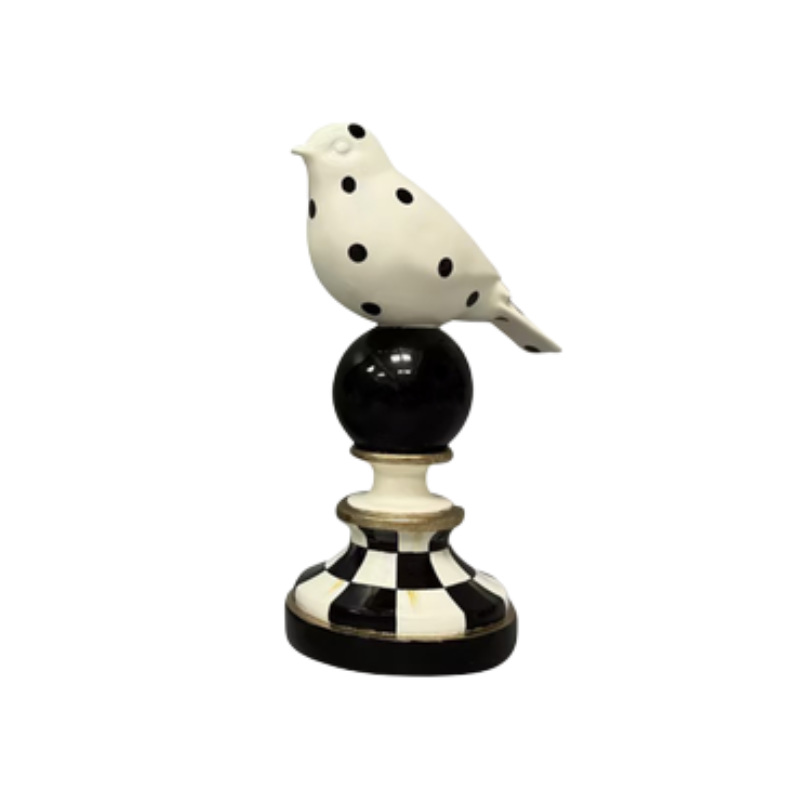 Hand-painted resin bird topiary with black polka dots on a Courtly Check patterned base.