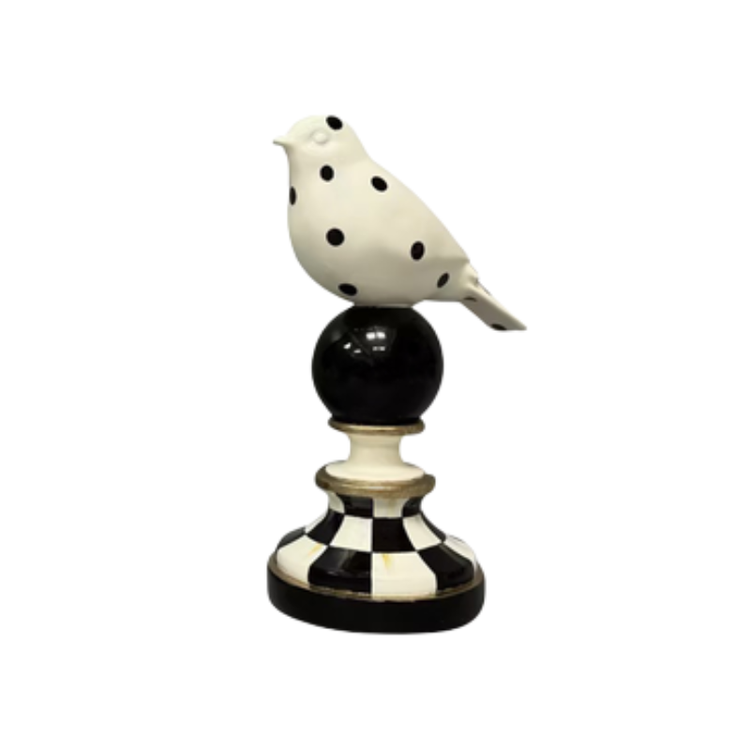 Hand-painted resin bird topiary with black polka dots on a Courtly Check patterned base.