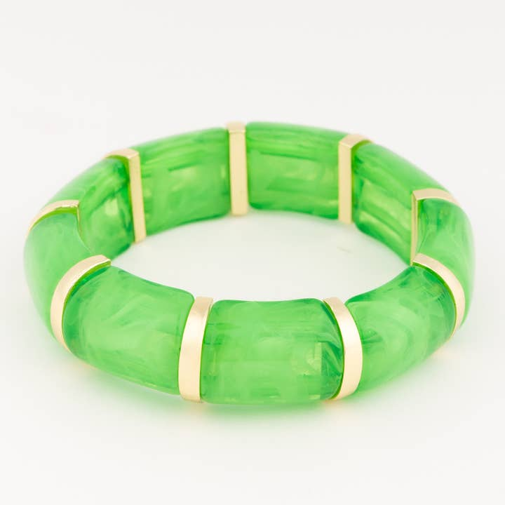 Rosemary Pine Bracelet featuring marbled green resin segments separated by gold-tone metal spacers.