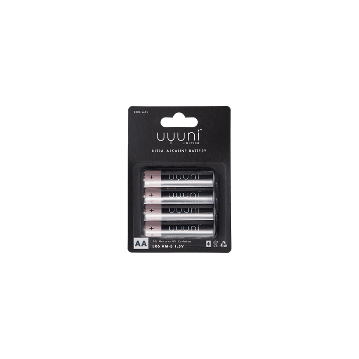 A pack of four Uyuni Lighting AA alkaline batteries, 1.5V, 2300mAh, in silver and black packaging.