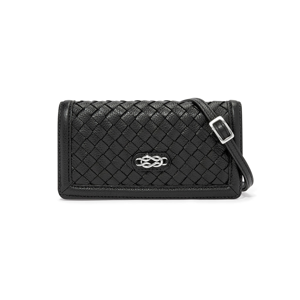 Black leather Interlok Braid Rockmore Wallet with woven texture and silver knot hardware.
