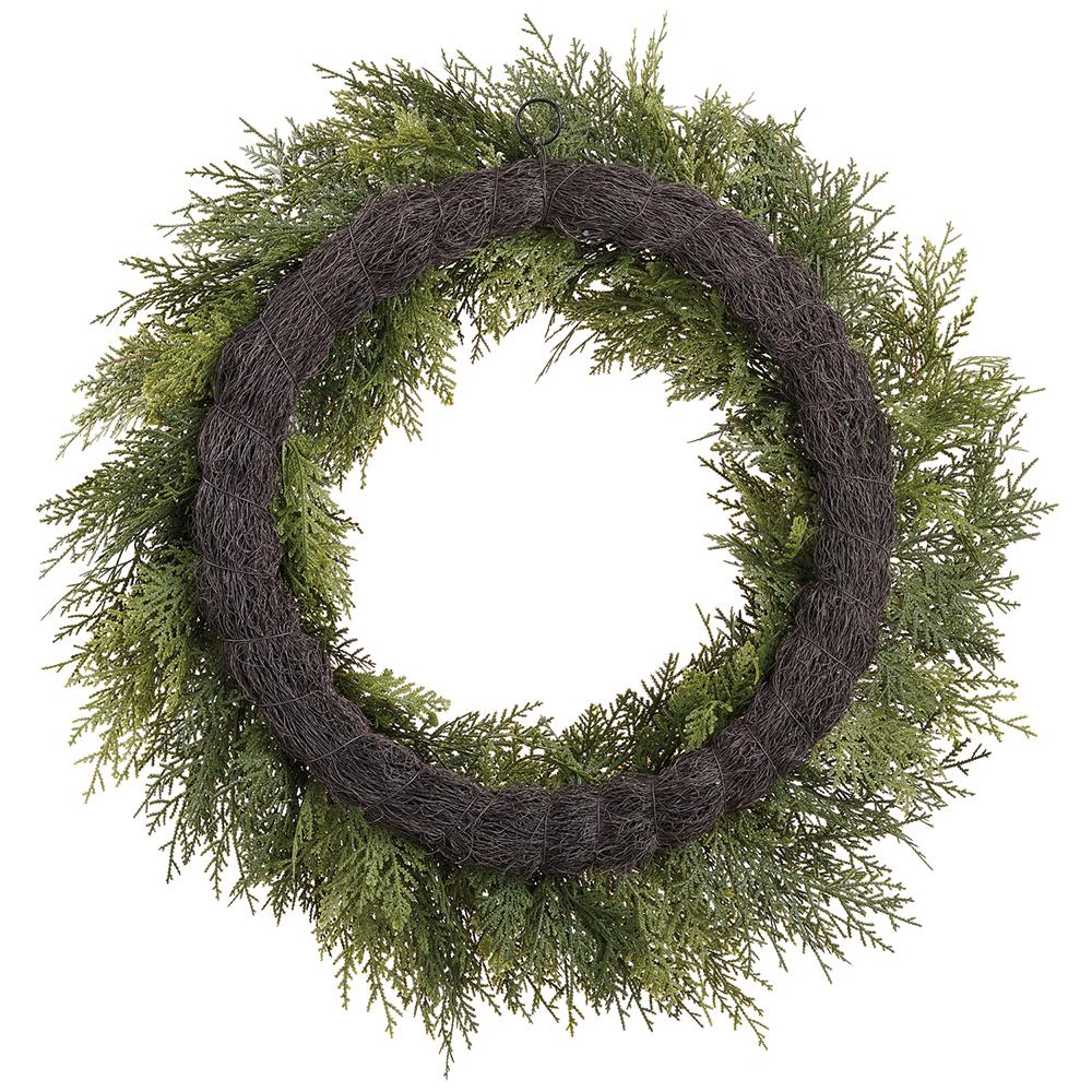 30-inch soft PE cedar wreath with lush green foliage and a dark brown twig-like base.