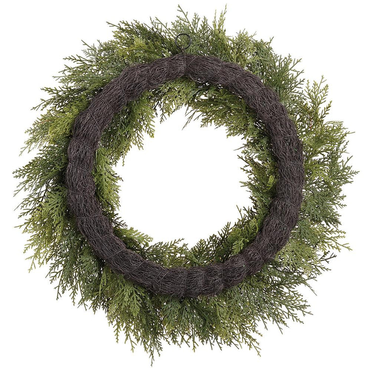 30-inch soft PE cedar wreath with lush green foliage and a dark brown twig-like base.