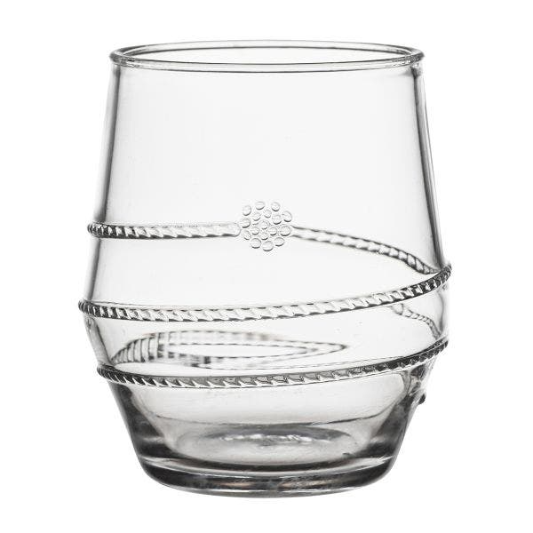 Clear acrylic tumbler with a modern spiraling raised thread pattern on the side.