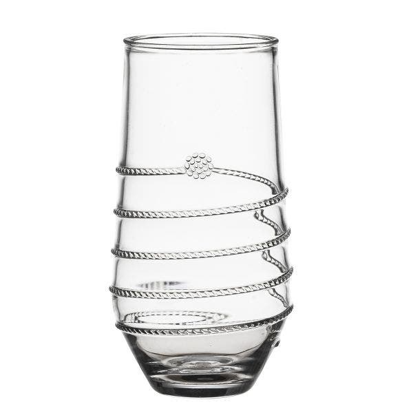 Clear acrylic tumbler with a modern spiraling cutout pattern on the side.